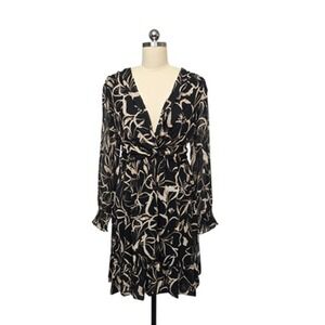 DKNY Dress‎ Womens 6 Black Beige Floral Long Sleeve Surplice Wrap Ruffle Hem